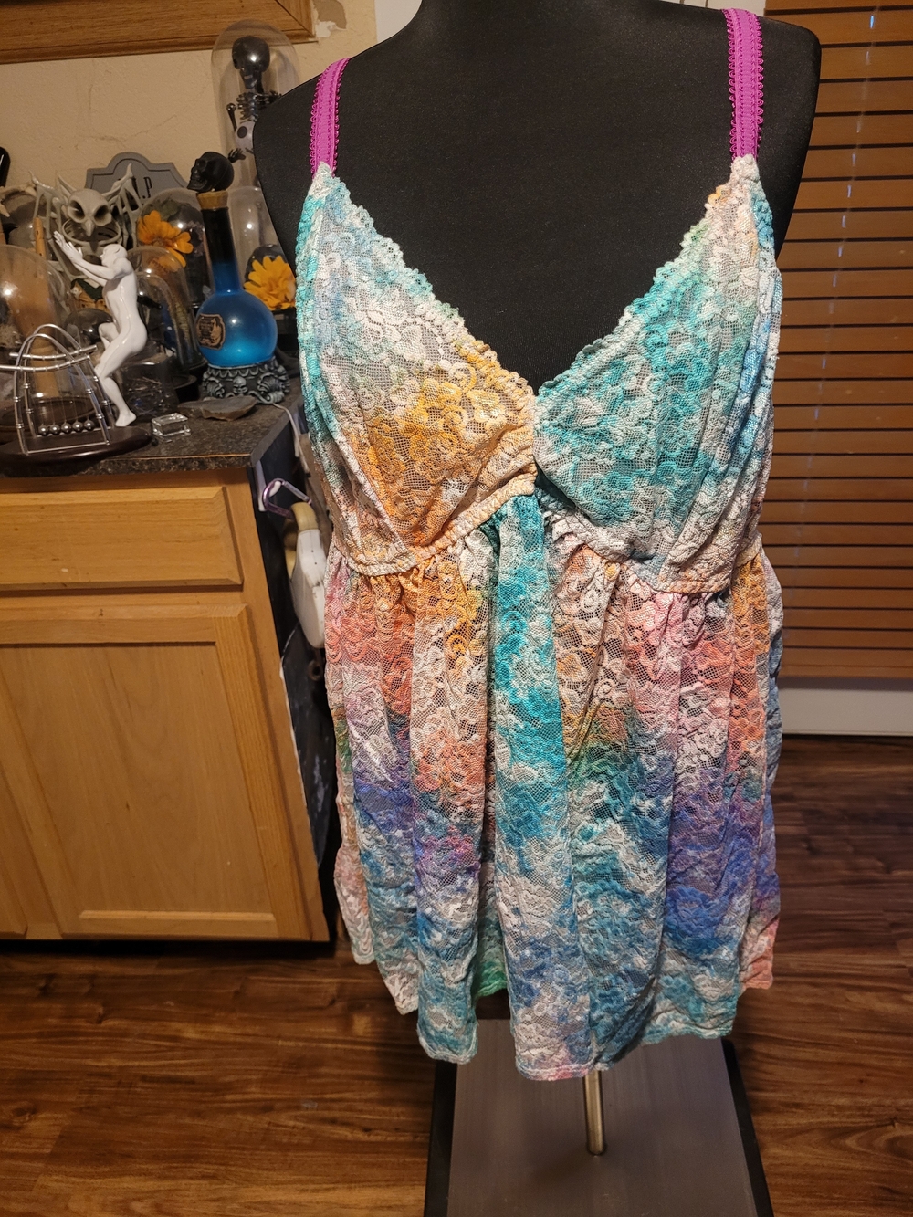 Multicolor Lace Babydoll Tank with Pink Straps